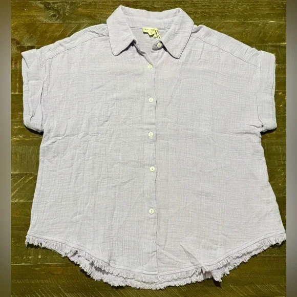 NWT Hem & Thread Anthropologie Lavender Cotton Button Up Top Shorts Set Medium - Picture 2 of 6